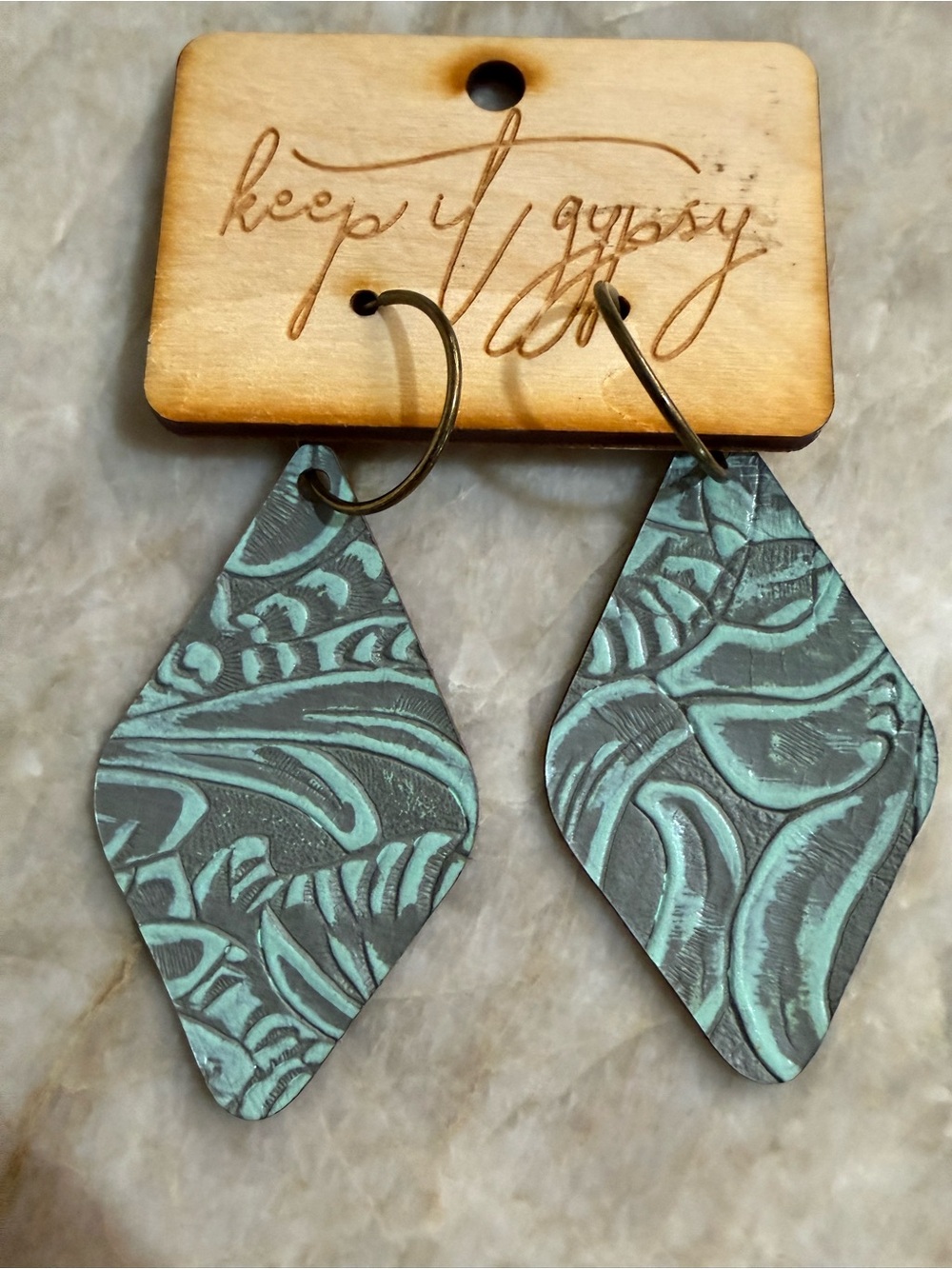 Keep It Gypsy Teal & Gray Textured Leather Dangle Earrings